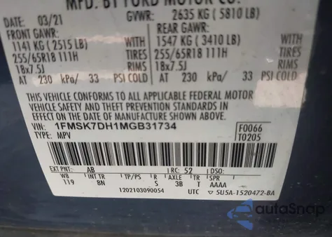 2021 Ford Explorer Xlt из США, поврежденный, VIN 1FMSK7DH1MGB31734